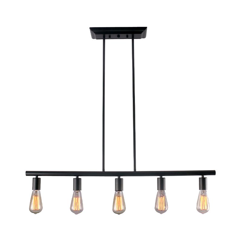 Black Finish Linear Island Lamp Vintage Style 5-Head Metallic Hanging Island Light with Bare Bulb for Dining Room