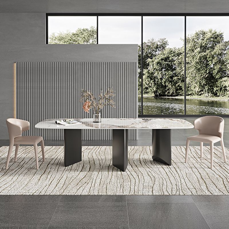 Rectangle Dining Table Sintered Stone Top Modern White Table with Black Legs