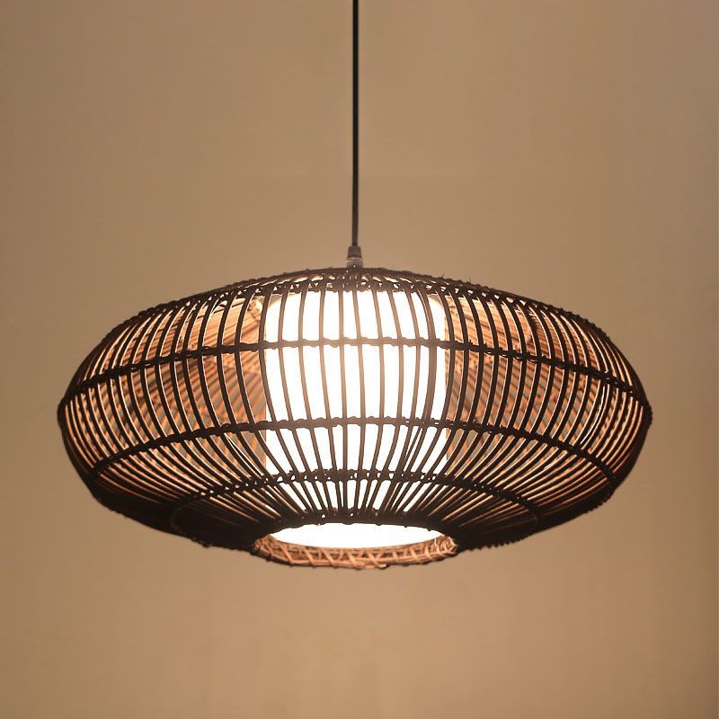 Lampada a sospensione Lantern Asia Bamboo 1 Bulb Coffee Assorbimento Light Appeding Light con tubo interno Ombra acrilica bianca