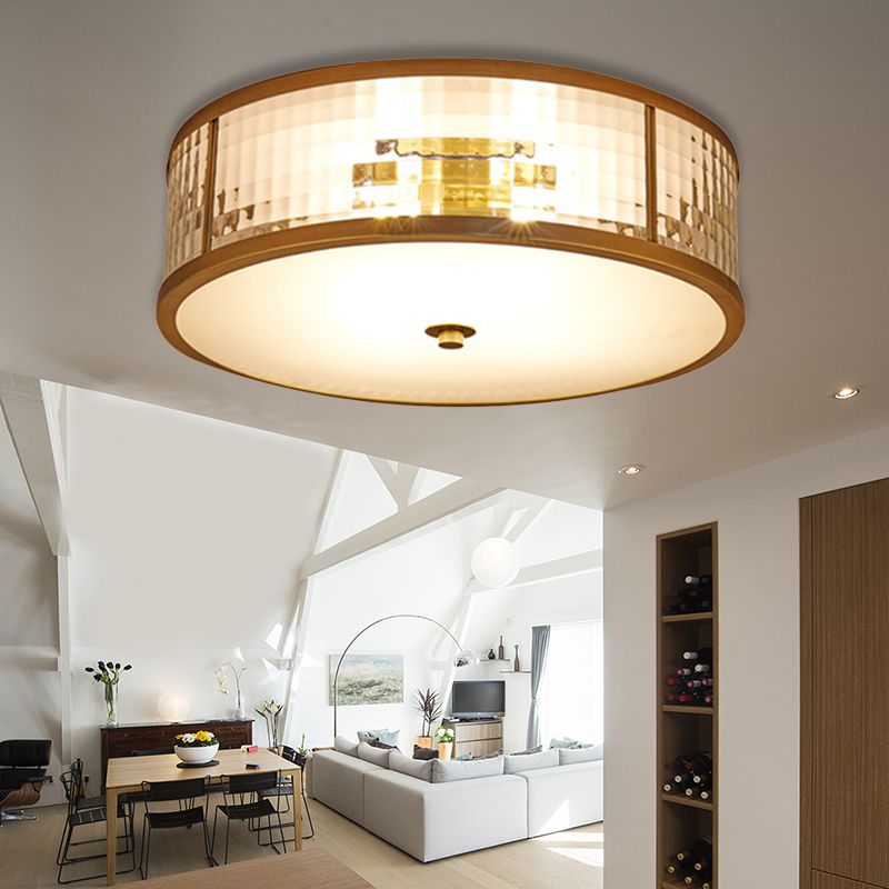 3/4/5 Bulbs Drum Ceiling Mount Colonial Brass Frosted Crystal Glass Flush Light Fixture for Bedroom, 14"/18"/23.5" W