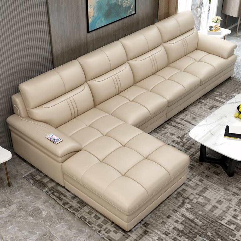 Contemporary Stationary Cream Genuine Leather Recessed Arm Sofa