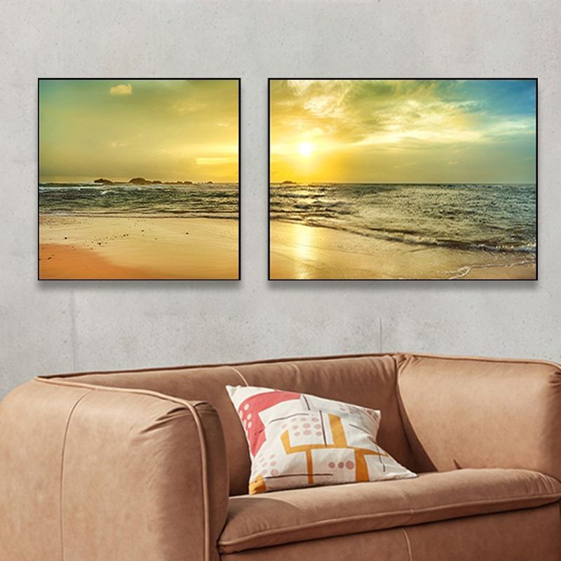 Toile de paysage de mer au coucher du soleil, décoration murale tropicale multi-pièces de couleur pastel pour la maison