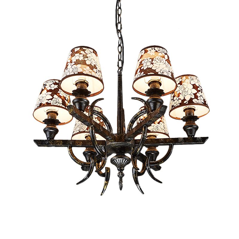 6 lumières en métal suspendu à lustre country rouille rude à manger effilée pendentif luminaire avec une teinte en tissu
