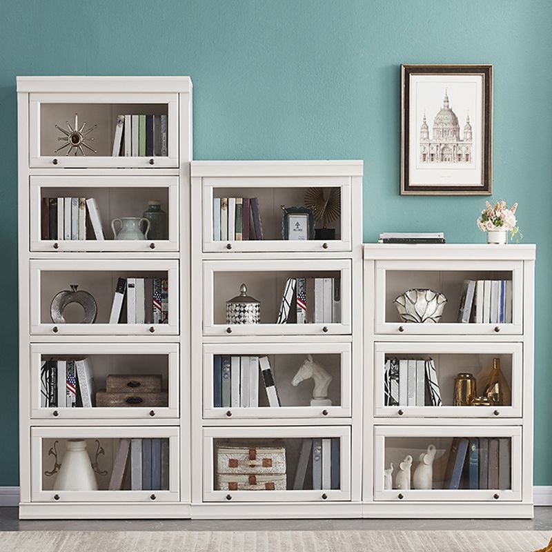 Modern Closed Storage Bookcase 12.5" W White Wooden Bookshelf with Glass Doors