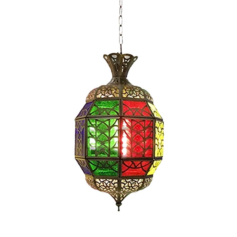 Metallic Lantern Pendant Lamp Vintage 1 Light Balcony Hanging Ceiling Lighting in Red