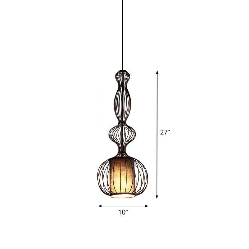 Black Wire Cage Pendant Lamp with Fabric Shade Retro Industrial Metal 1 Light Dining Room Hanging Light