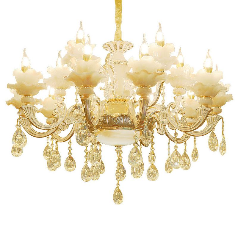 Gold Petal Chandelier Lamp Contemporary Jade Suspension Light with Crystal Draping