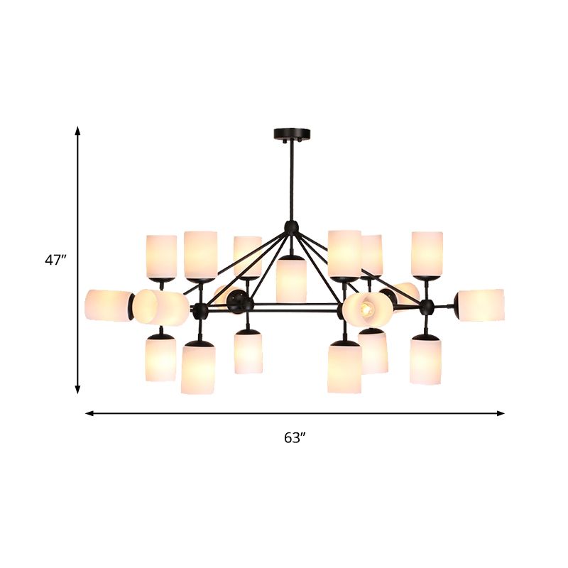 Iluminación colgante de sombra de cilindro negro vaso ópalo de ópalo 18 luces lámpara de estar