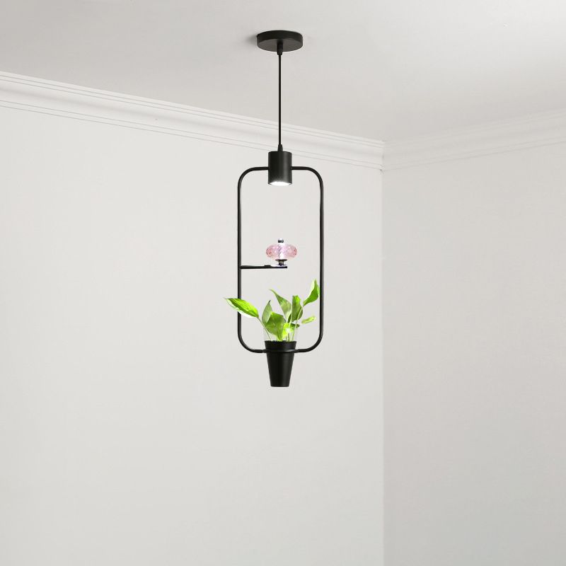 Metal LED Pendulum Light Loft Black/Gold Circle/Oval/Rectangle Dining Room Pendant Lamp with Plant Container