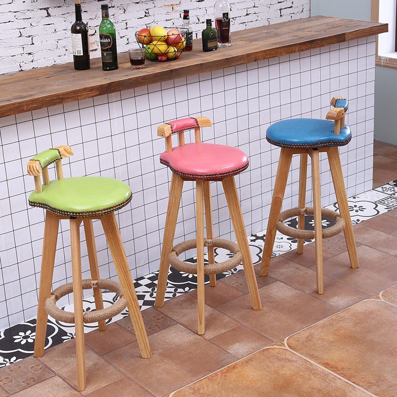 Modern Rotatable Backrest Counter Stool Wood Cafe Bar Stool with Leather Cushion and Pedal