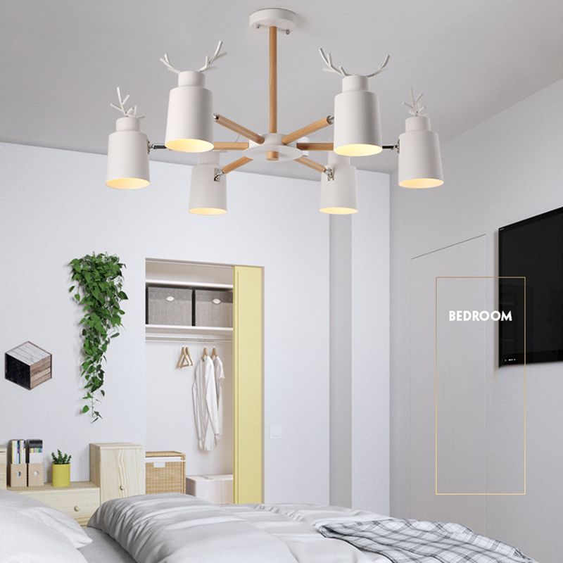 Witte gewei kroonluchter lamp Noordse metalen hangend licht met houten arm