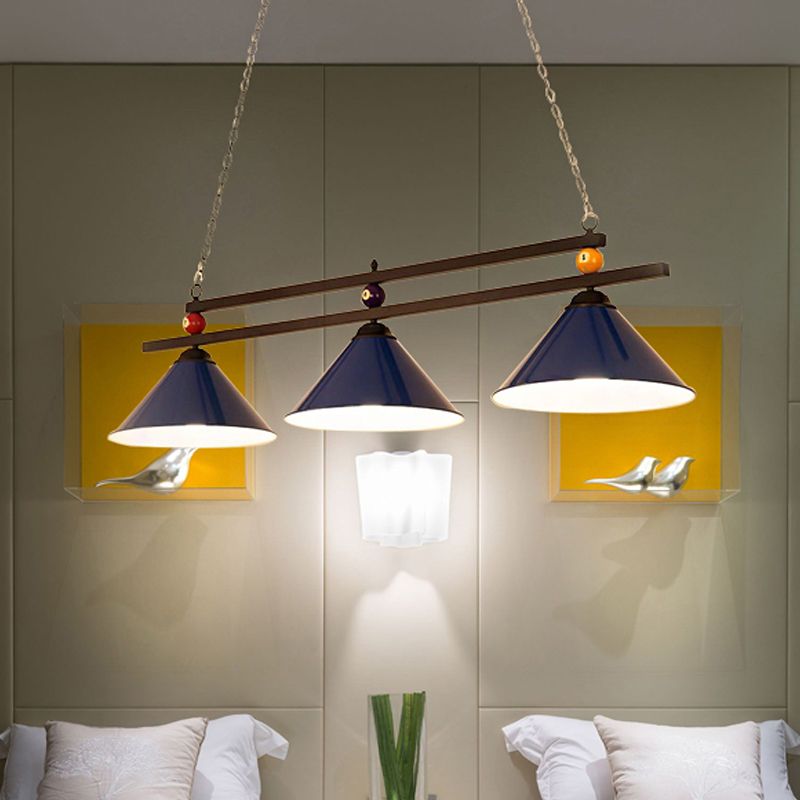 Industrial Style Cone Shade Ceiling Pendant 3 Heads Metal Island Lighting with Billiard Ball Deco in Black/Red