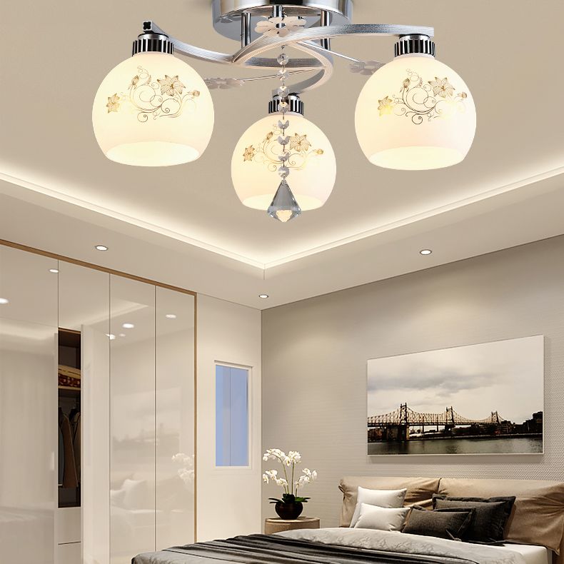 Chrome Shaded Ceiling Flush Light Minimalist Opal Glass Semi Flush Mount Fixture with Diamond Crystal