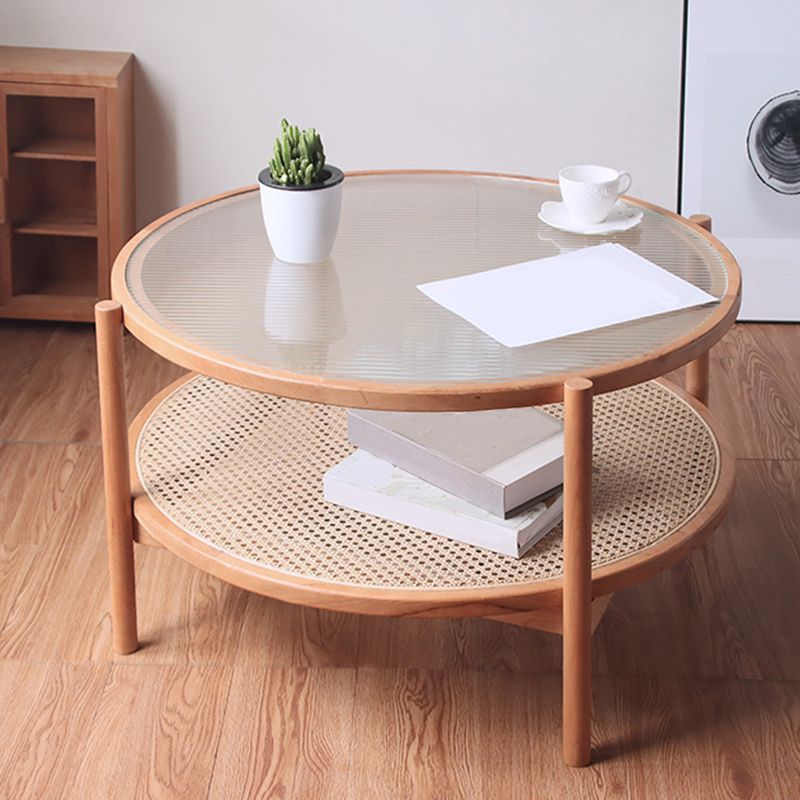 4 Legs Bunching Table with Solid Wood Base Round Coffee Table with Tempered Glass Top