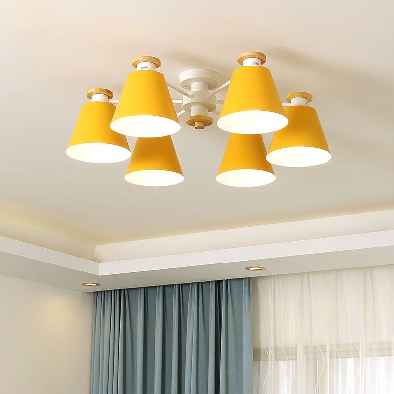 Moderni teste nordiche a 6 teste a filo con tonalità metallica gialla/blu canna semifulca lampada a soffitto