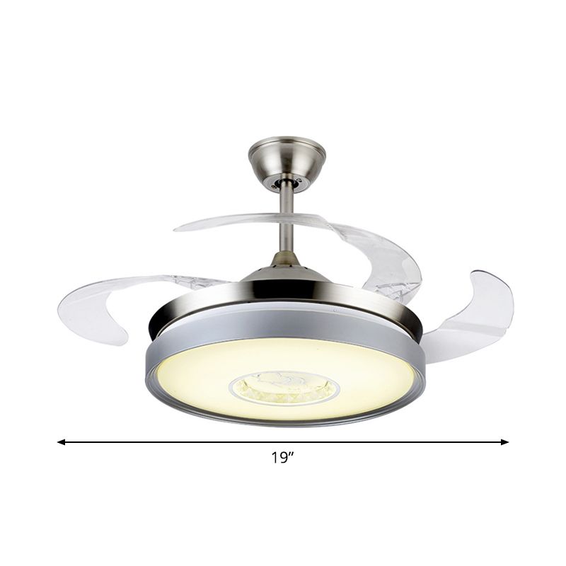4-Blade Acrylic Drum Pendant Fan Light Contemporary 19" Wide LED Silver Semi Flush for Dining Room