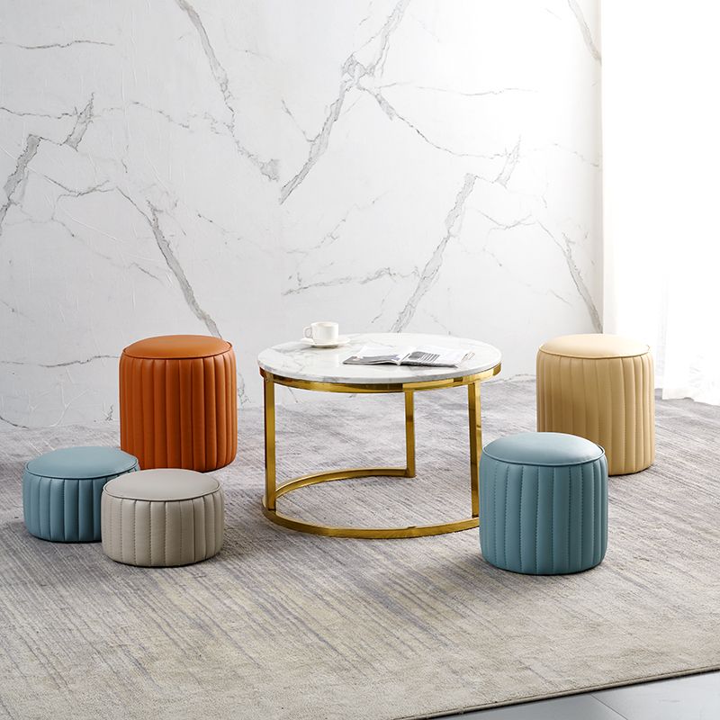 Modern Pouf Ottoman Genuine Leather Upholstered Cylinder Shape Ottoman