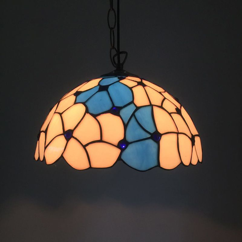 Blue-White Hand Cut Glass Domed Pendant Lamp Baroque 1 Head Ceiling Hanging Light for Dining Room
