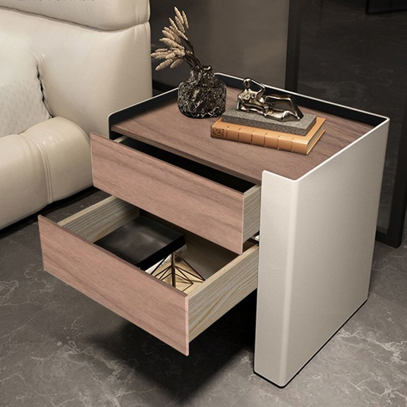 Modern Drawer Storage Night Table Solid Wood and Leather Bed Nightstand
