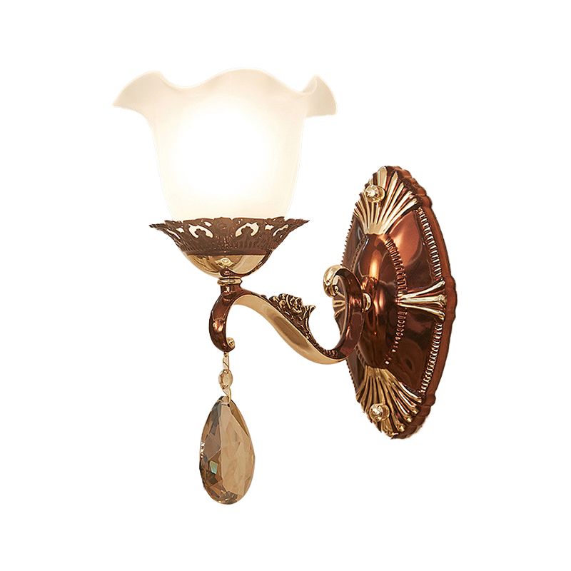 1/2 Lights Scalloped Sconce Modern White Glass Wall Mounted Light Fixture with Crystal Stand