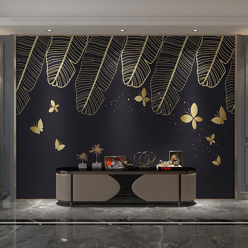 Big Illustration Style Leaf Mural for Living Room in Gold and Black, Personalized Size Available
