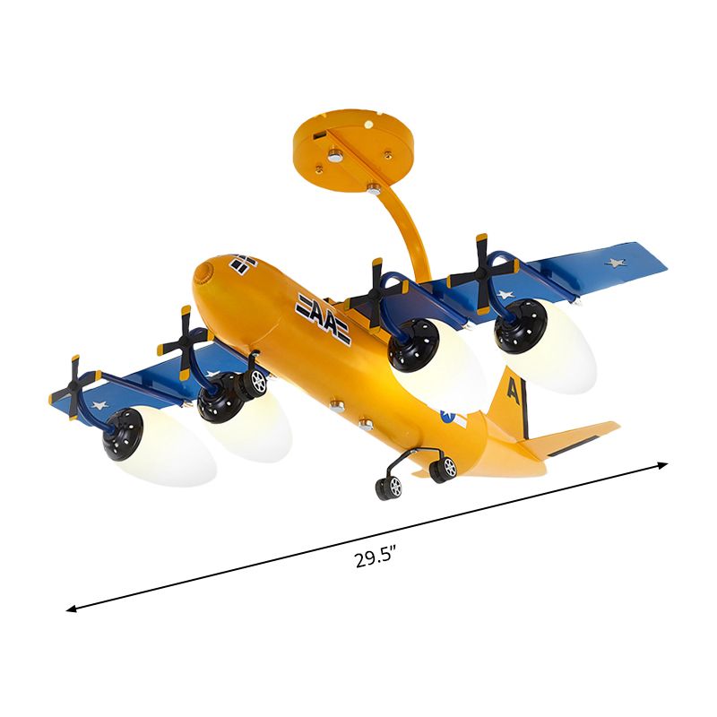 Cartoon gelb & blaues Hanglampe Flugzeug 4 Lichter Metallischer Kronleuchter für Kinderschlafzimmer