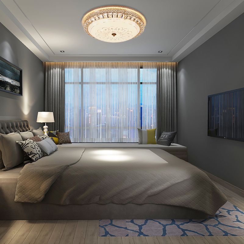 16"/19.5" W Round Flush Mount Light Bedroom Opal Glass LED Modern Flush Ceiling Light with Crystal Accent in Gold