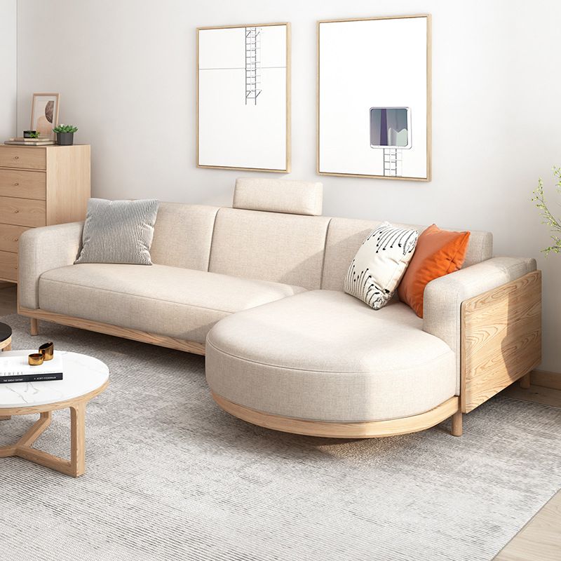 Scandinavian Linen Square Arm Sofa with Chaise with Wood Accents - 106.3" W