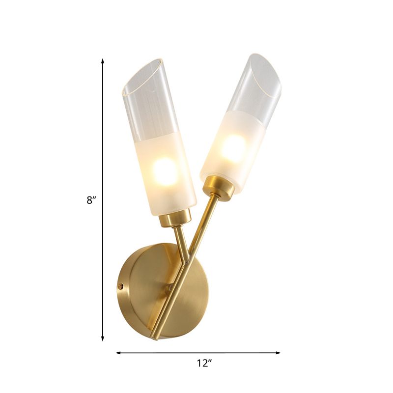 2 Bulbs Tube Wall Mount Lamp Traditional Brass Finish Clear Glass Wall Sconce Light for Indoor