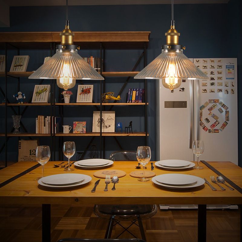 Luce a sospensione conicerosa a ciondolo industriale vetro trasparente in ottone a 1 bulbo a soffitto appeso