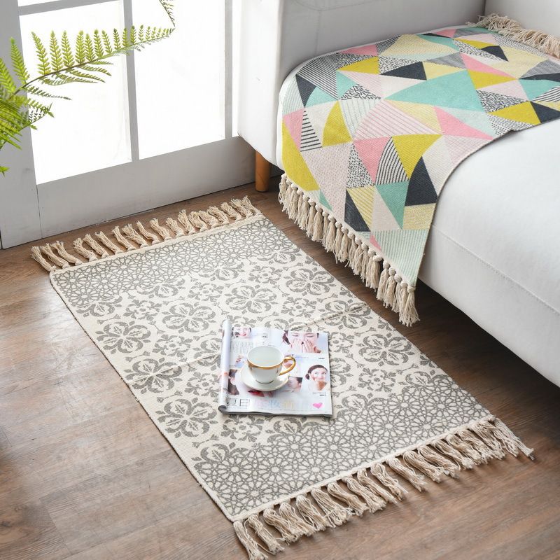 Boho-Chic Fringe Carpet Ameicana Pattern Rug Cotton Blend Area Rug for Bedroom