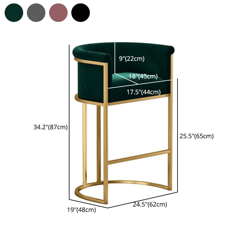 Glam Armrest Backrest Counter Stool Iron Cafe Bar Stool with Velvet Cushion
