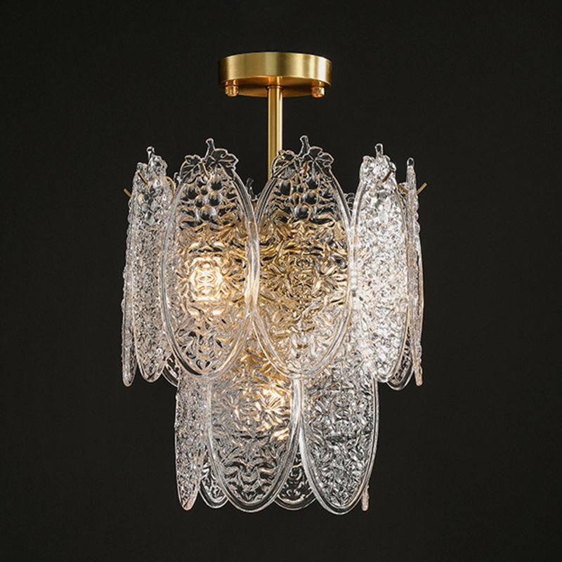 Post-Modern Oval Shaped Chandelier Pendant Light Textured Glass Living Room Hanging Light in Gold