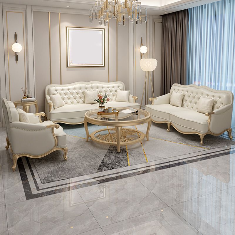 Beige Mid-Century Modern Sofa Tufted Genuine Leather Recessed Arm Sofa