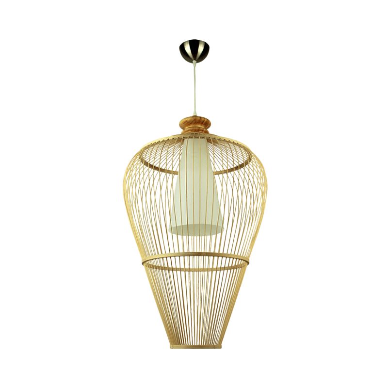 Rural Urn Cage Bamboo Pendulum Light Single-Bulb Pendant Lighting Fixture in Beige with Inner Cone Shade