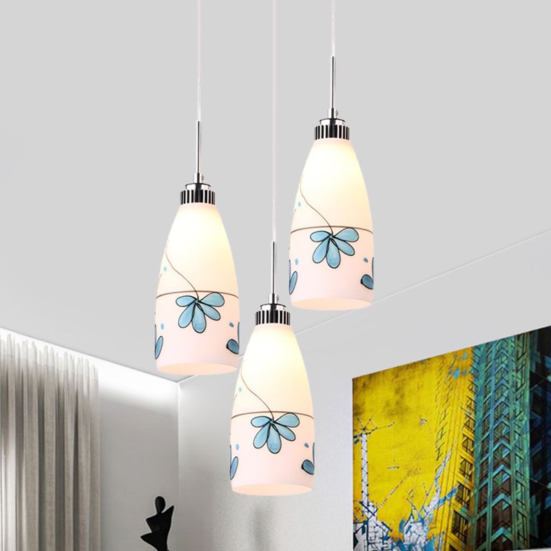 3-Bulb Cone Multiple Hanging Lamp Minimalism Black/Yellow/Blue Printing Glass Pendulum Lamp with Linear/Round Canopy