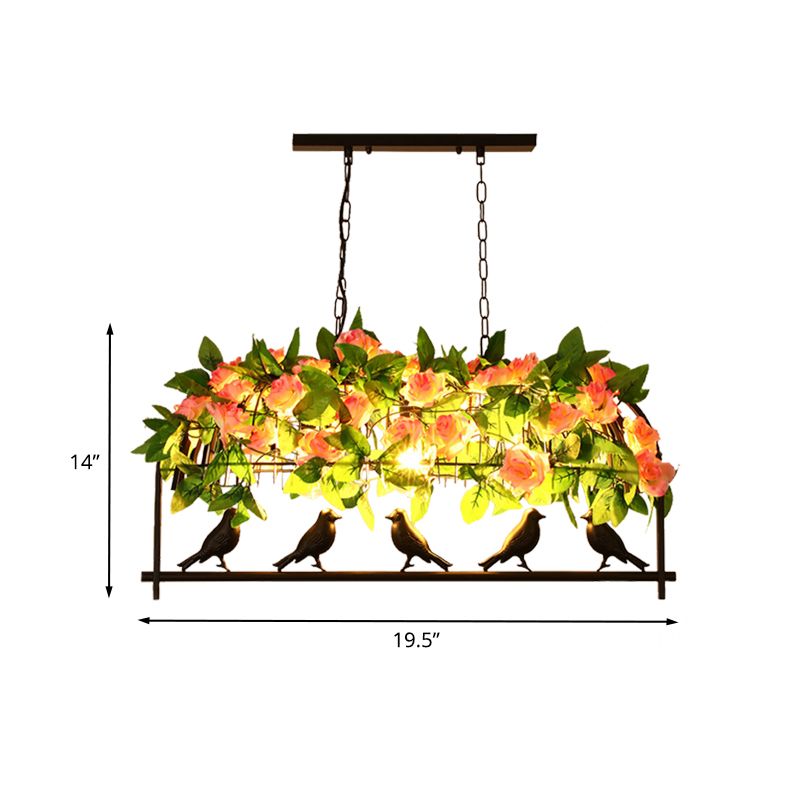 Industrial Birdcage Island Light Fixture 1/3-Light Iron Down Lighting Pendant in Black with Rose Decoration