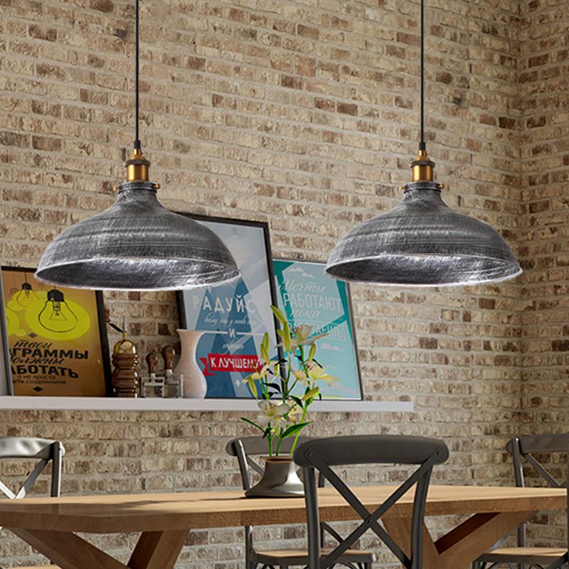 Silver Gray 1 Bulb Pendant Lamp Antique Style Metal Bowl Shade Hanging Light with Plug-In Cord