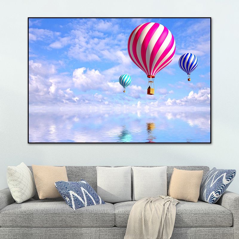Canvas Pastel Wall Art Cartoon Scenery with Hot Air Balloon Wall Decor for Bedroom