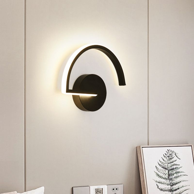 Black Semicircle Wall Light Minimalist LED Iron Wall Mount Sconce for Bedroom in Warm/White Light