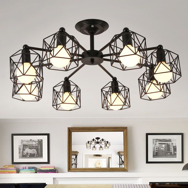 Plafonnier semi-encastré à 6/8/10 têtes avec abat-jour à cage hexagonale en métal de style vintage pour salon près du plafonnier en noir