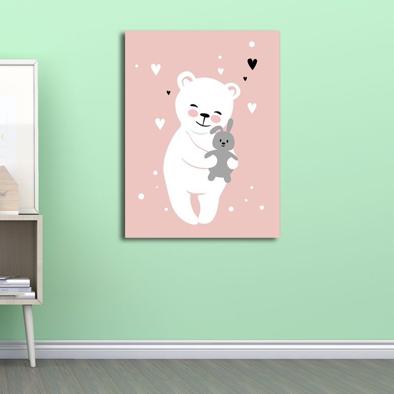 Pink Bear and Rabbit Canvas Animal Cartoon Decorative Wall Art Print for Kids Room