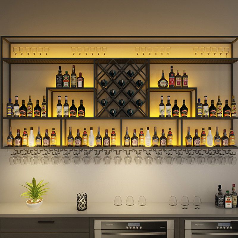 Iron Wine Shelf Modern Style Wall Mounted Wine Holder Rack in Black