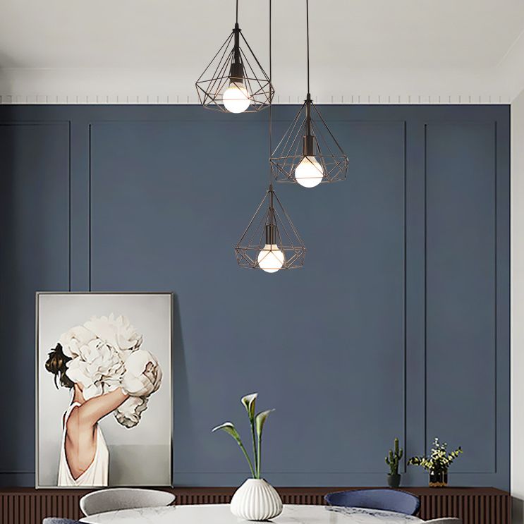 Diamond Iron Cluster Pendant Lighting Post-Modern Restaurant Hanging Lamp in Black