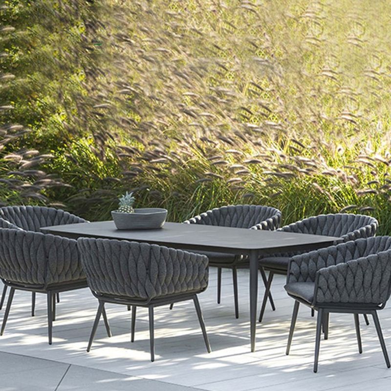 Stone Top Dining Table Set 1/7 Pcs Metal Frame Patio Dining Table with Upholstered Chairs