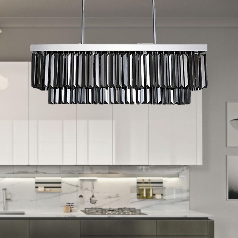 Rectangle Hanging Light Modern Smoke Gray Crystal Block 6/8/10 Heads Dining Room Chandelier Lamp