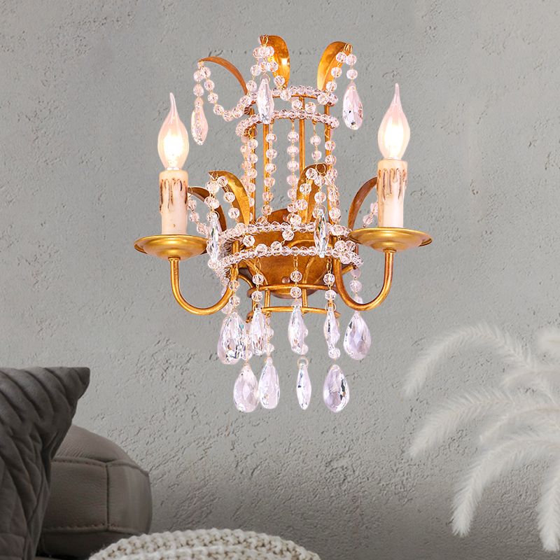Clear Crystal Beaded Sconce Lighting Vintage Style 2 Heads Brass Wall Lamp with Open Bulb for Bedroom