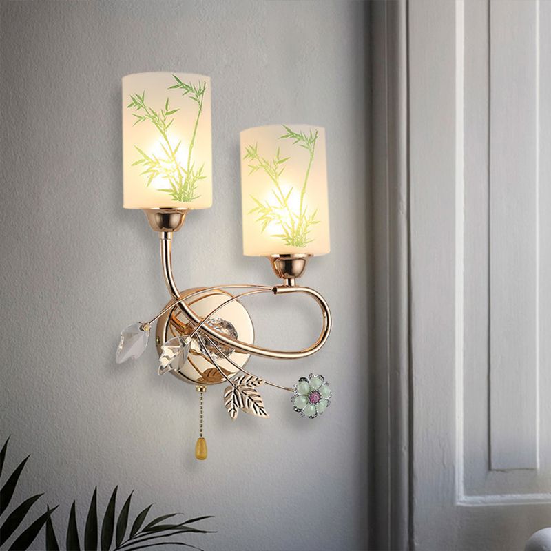 Painted Glass Cylinder Sconce Lighting Modernist 2 Lights Gold Pull Chain Wall Mounted Lamp