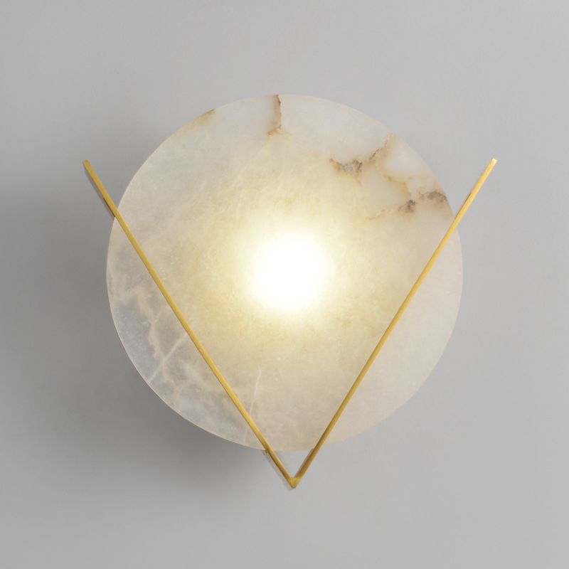 Post-Modern Round Panel Wall Light Sconce Marble 1 Head Bedside Wall Mounted Lamp Fixture with Brass V Deco