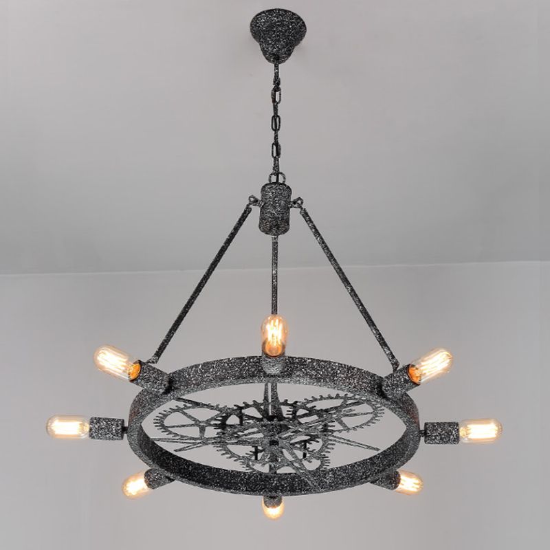 7/8 Bulbs Iron Hanging Chandelier Industrial Black/Silver Gear Wheel Dining Table Suspended Lighting Fixture with Exposed Bulb Design